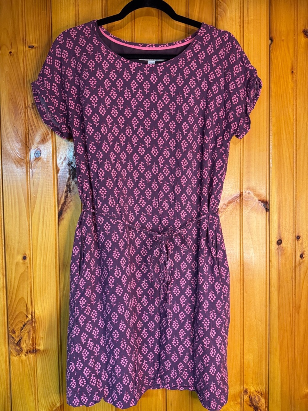 Boden Plum Dress with Pink Diamond Floral Print with Pockets
